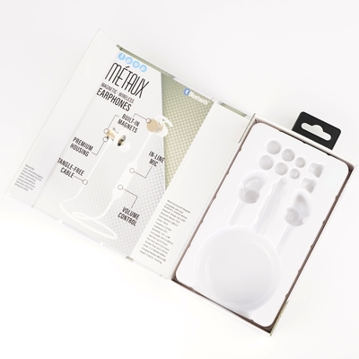 Embalaje personalizado Caja de paquete de papel con auriculares Bluetooth con gancho y bandeja de ampollas