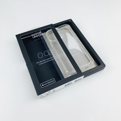 Caja de papel de cajón deslizante negro personalizado con gancho ventana clara para el paquete de caja de teléfono conveniente y elegante