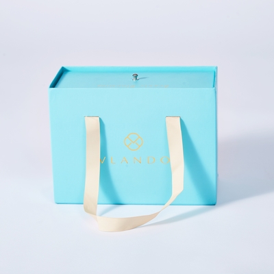 Embalaje de lujo Caja corredera azul Bolsas personalizadas Caja de regalo con mango de cinta