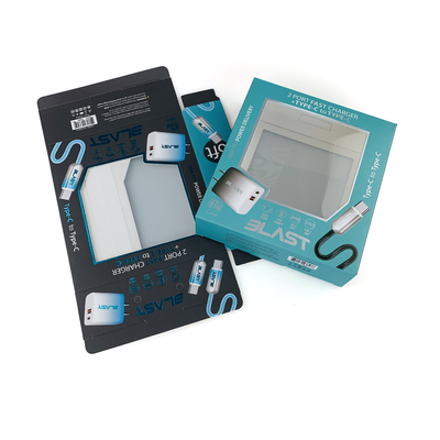 Caja de embalaje de productos electrónicos plegada con estampado en caliente con logotipo personalizado, caja de papel para cable de datos USB con ventana de PVC