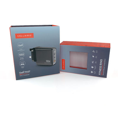 Caja de embalaje de papel con ventana transparente para cargador móvil de tapa abatible de cartón rígido personalizado, cable de datos magnético, adaptador USB